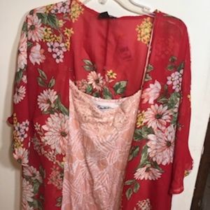 Red Floral Kimono with Peach Tank Sz 2X Set New